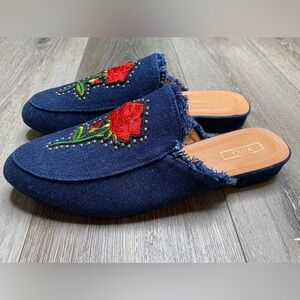 Yoki Women's Willas-71 Mule Dark Denim Rose Embroidered New